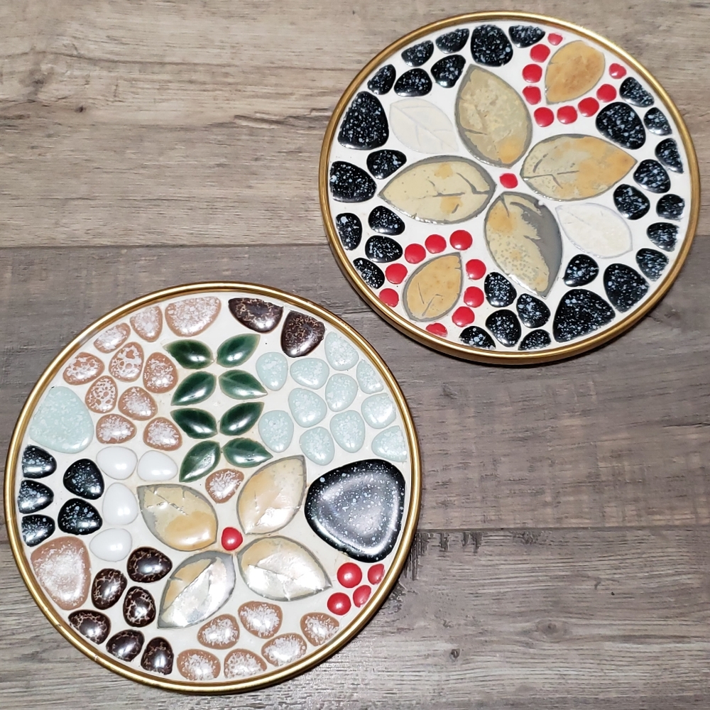 2 Trivets Floral Ceramic Inset Gold-tone Trim